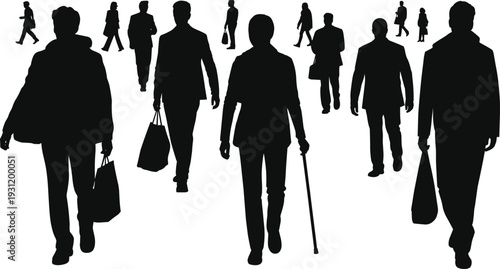 Black silhouette of a happy family with two children and a dog standing in the grass, flat vector illustration isolated.