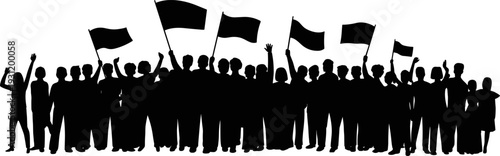 Black silhouette of a large crowd of people holding flags and protesting, flat vector illustration isolated on a white background.