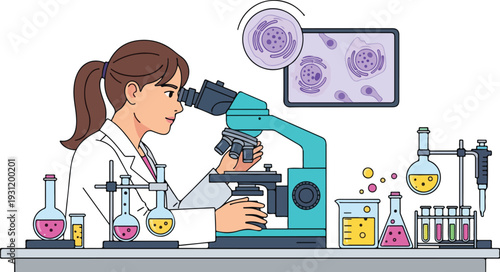 Scientist examining microscopic samples in a laboratory setting with various equipment and colorful specimens