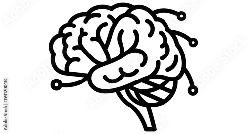 Simple black and white illustration of a human brain with robotic elements integrated into it symbolizing artificial intelligence and brain computer interface technology concepts