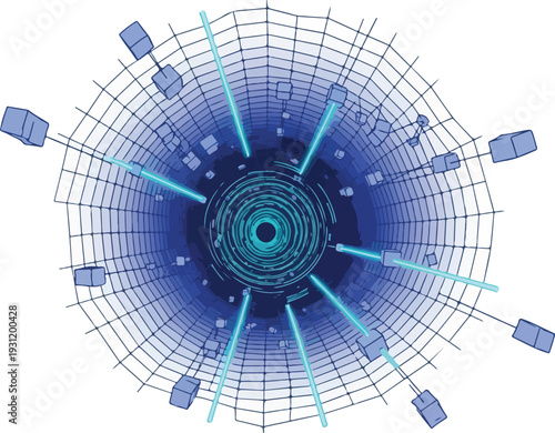Futuristic digital landscape with whisk_cfncxe via RJ Whisk Auto elements, showcasing technology and innovation in a circular grid structure, viewed from directly above