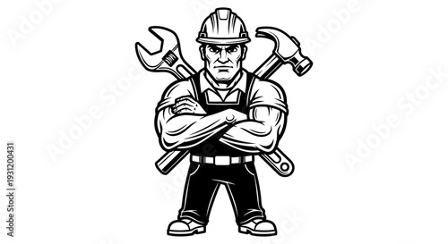 Cartoon construction worker standing confidently with crossed arms and tools on his back ready for work