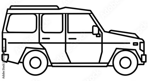 Simple black and white line drawing of a classic mercedes benz g wagon vehicle profile view