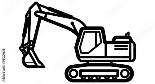 Black and white simple illustration of an excavator machine with tracks and a large digging arm
