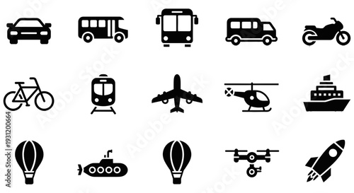 Various modes of transportation and vehicles depicted in simple black silhouettes against a white background