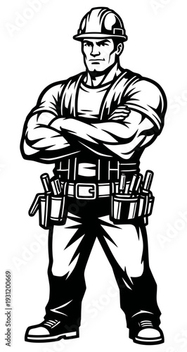 Confident construction worker standing with arms crossed wearing hard hat and tool belt