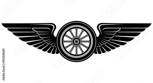 Elegant black and white logo featuring a stylized wheel with wings symbolizing speed and innovation in automotive design and technology.