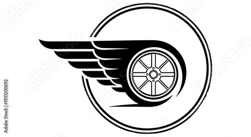 Winged wheel logo symbolizing speed and freedom with sleek design elements and circular frame