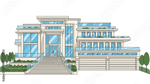 Luxurious modern mansion features multiple levels with glass railings and a grand staircase leading to a spacious three-car garage area.