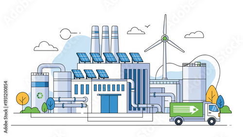 Clean energy industrial plant features solar panels and a wind turbine with a green delivery truck in front against a soft blue background.