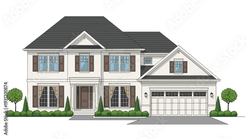 Classic two-story white house features a grey gabled roof and dark shutters with neatly trimmed green trees and bushes in the front yard.