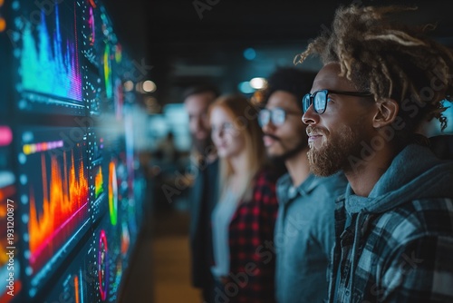 Diverse marketing teams analyze AI-driven data analytics on large holographic screens in modern offices and collaborate through future technologies and augmented reality interfaces.