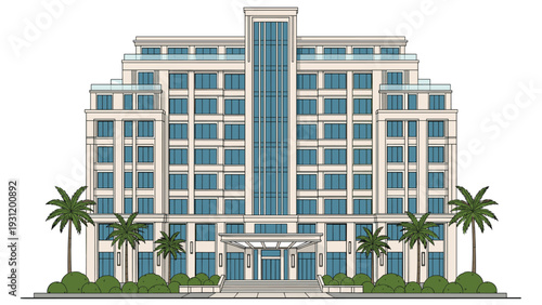 Elegant multi-story hotel or office building features symmetrical design with tall palm trees and a grand central glass entrance area.
