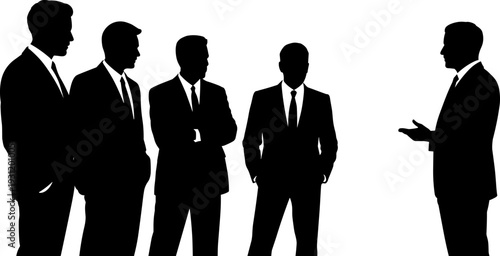 Black silhouette of business men in suits standing and talking in a professional group, flat vector illustration isolated on white.
