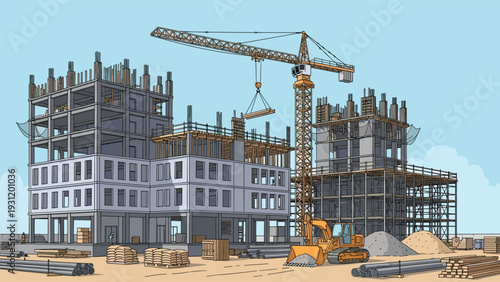 Active construction site features multiple concrete building structures in progress with a tall crane and various building materials on site.
