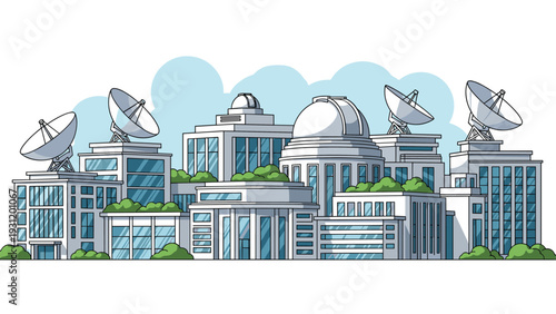 Large research facility or communication center features multiple satellite dishes and observatory domes under a bright blue sky with clouds.