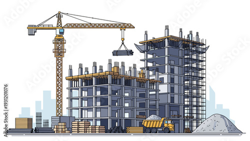 Busy urban construction site shows two multi-story buildings being developed with a tall crane and various construction materials on the ground.
