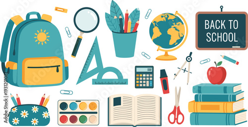 Back to School Illustration Set with Backpack, Globe, Books, and School Supplies