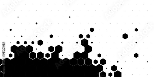 Abstract black hexagon pattern forming a honeycomb structure that gradually dissolves into small dots on a white background.
