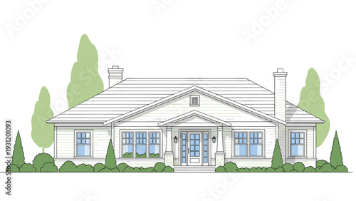 Ranch style single-story house illustration features a large hipped roof and symmetrical windows for a classic look.