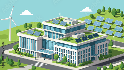 Modern corporate office campus illustration features extensive glass windows and green energy solutions like solar panels.