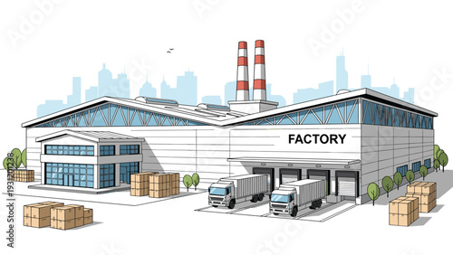 Large industrial distribution center illustration features multiple loading docks and semi-trucks for logistics operations.