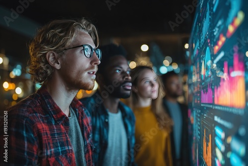 Diverse marketing teams analyze AI-driven data analytics on large holographic screens in modern offices and collaborate through future technologies and augmented reality interfaces.