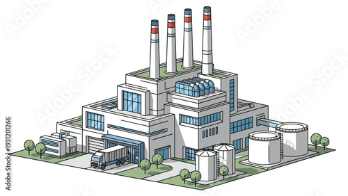 Massive industrial factory illustration displays four tall smokestacks and a large warehouse with a truck at the loading dock.