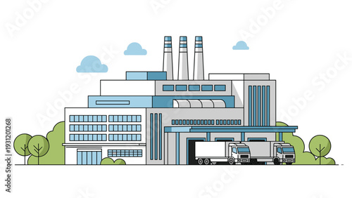 Modern industrial facility illustration features a sleek design with smokestacks and delivery trucks parked at the warehouse.