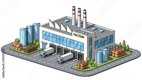 Logistics and distribution center illustration shows a large warehouse with trucks at loading docks and storage silos nearby.