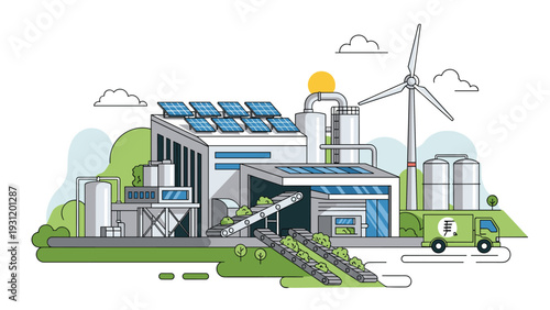 Sustainable factory building illustration emphasizes green energy with rooftop solar panels and a wind turbine in the back.