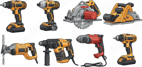 Collection of electric power tools including cordless drills circular saw planer rotary hammer and reciprocating saw vector illustration for construction carpentry and workshop