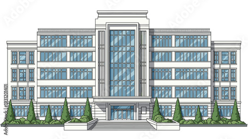 Symmetrical multi-story office building illustration features a tall central glass facade and green trees at the entrance.