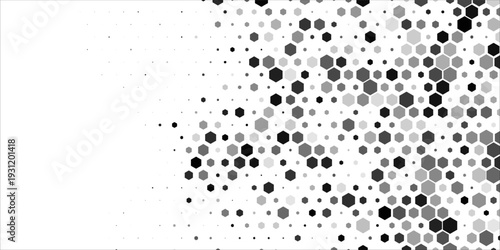 Abstract grayscale hexagon pattern with a honeycomb structure that gradually transitions into scattered dots. Modern geometric background