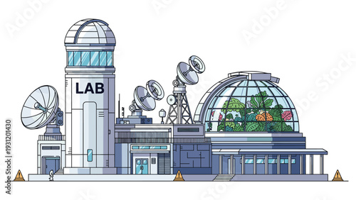 Scientific research laboratory illustration features a large domed greenhouse for botanical studies and satellite dishes.
