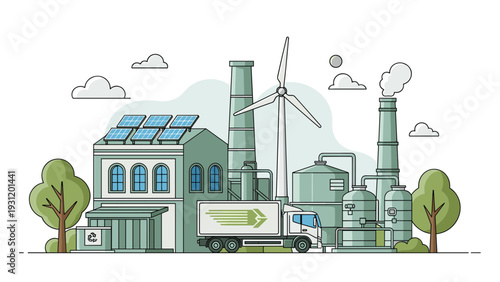 Eco-friendly power plant illustration shows a modern facility with a wind turbine and solar panels for sustainable energy.