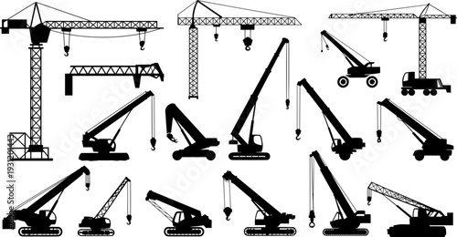 Black silhouette of various construction cranes and heavy machinery for building sites, flat vector illustration isolated on white background, industrial.