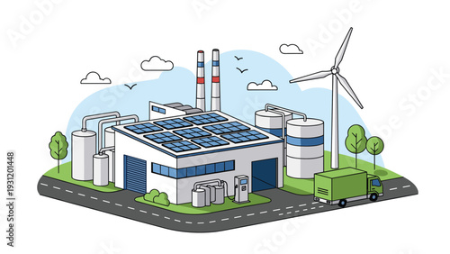 Sustainable industrial building illustration features rooftop solar panels and a wind turbine for clean energy production.