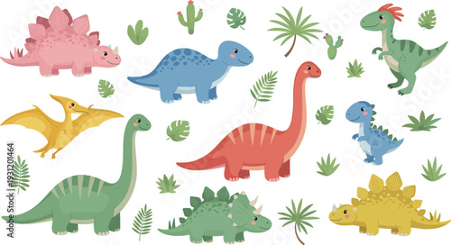 Colorful Dinosaur Set with Various Species and Plants for Kids and Nature Themes