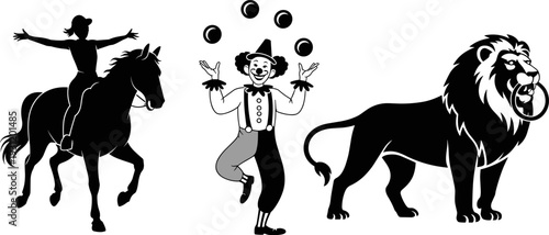 Black silhouette set of circus performers featuring a horse rider, a juggling clown, and a majestic lion with a ring.