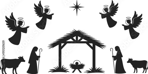 Black silhouette set of wedding icons featuring couples, rings, cake, church, car, and champagne, flat vector illustration isolated on white.