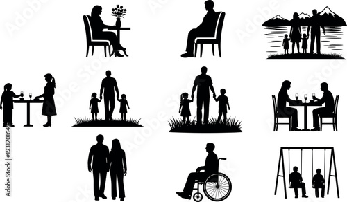 Family lifestyle silhouette collection showing parents children couples dining walking playing swing and wheelchair user isolated black vector illustration set on white background