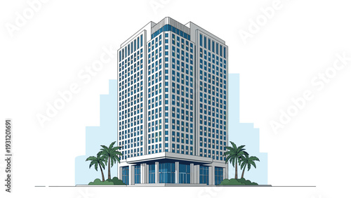Tall modern skyscraper building illustration stands prominently with palm trees and a clear background for a urban look.