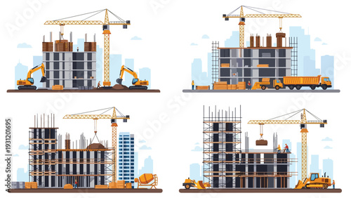 Set of four construction site illustrations depicts buildings in progress with tall cranes and heavy machinery at work.