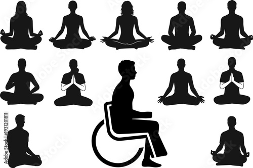 Inclusive meditation silhouettes, diverse people practicing yoga poses with wheelchair accessibility symbol, mindfulness and disability awareness flat vector illustration