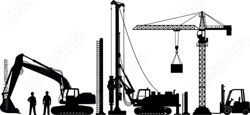 Heavy construction machinery silhouette set with excavator, drilling rig, tower crane and forklift, industrial equipment vector illustration isolated