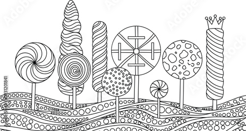Black and White Candyland Illustration with Lollipops, Swirls, and Sweets for Fantasy and Dessert Themes