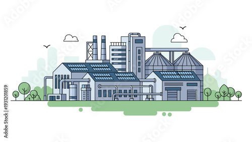 Large modern industrial factory complex with multiple buildings, silos, pipelines, and solar panels on the rooftops for clean energy.