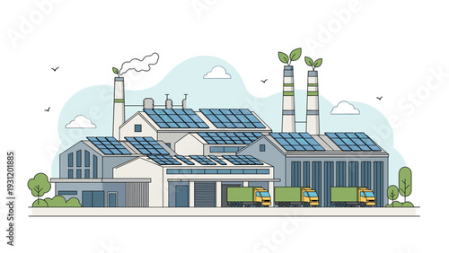 Sustainable industrial warehouse facility featuring extensive solar panel arrays on the roof and green delivery trucks at the docks.