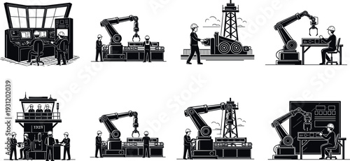 Industrial automation and robotics production line set with engineers operating robotic arms, factory control room and manufacturing process vector illustration isolated